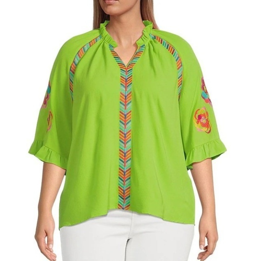 Calessa Tunic Womens 2X Lime Embroidered Ruffled Sleeve Top Boho Blouse Work New - Picture 2 of 10